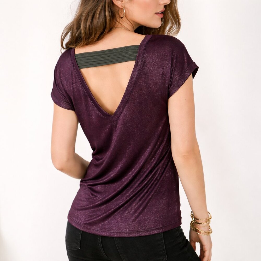 Stella & Dot Plum Metallic Shimmer Top S Open Back V Tee Party Date Night
